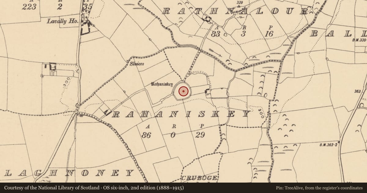 Ordnance Survey six-inch map, 2nd edition (1888–1915) covering the location of Enclosure, Rahaniskey, County Tipperary South, with a pin at the register's coordinates