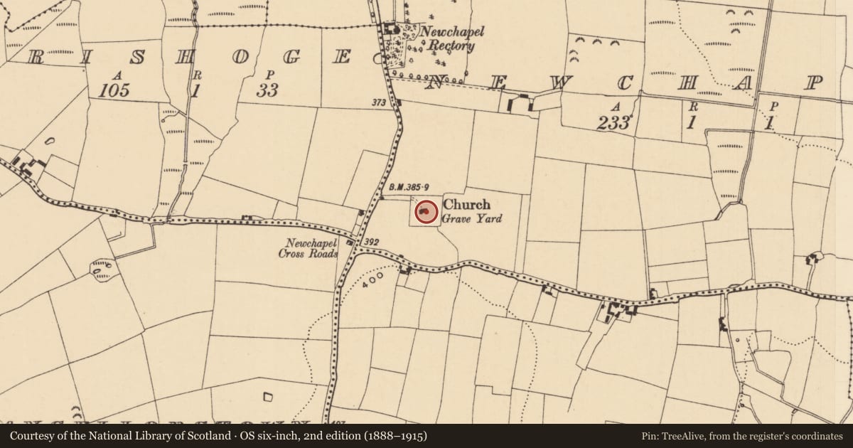 Ordnance Survey six-inch map, 2nd edition (1888–1915) covering the location of Graveyard, Newchapel, County Tipperary South, with a pin at the register's coordinates