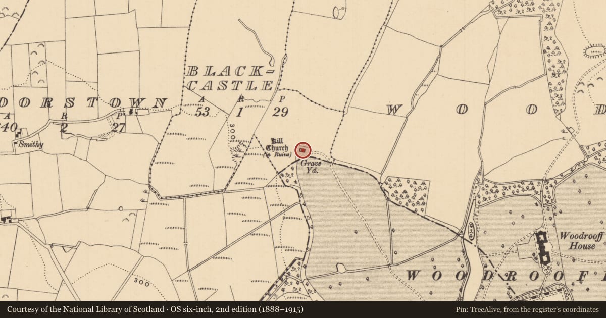 Ordnance Survey six-inch map, 2nd edition (1888–1915) covering the location of Church, Blackcastle (Inishlounaght Par.), County Tipperary South, with a pin at the register's coordinates