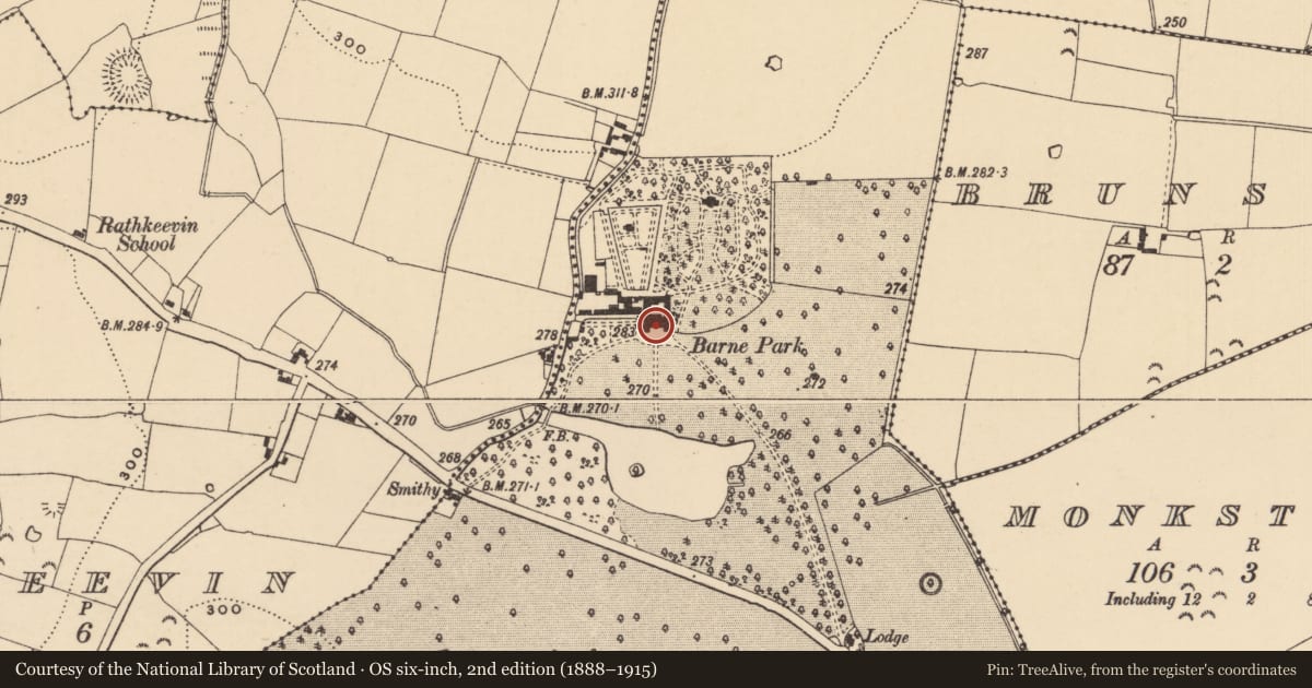 Ordnance Survey six-inch map, 2nd edition (1888–1915) covering the location of House - 17th century, Barn Demesne (Newchapel Par.), County Tipperary South, with a pin at the register's coordinates