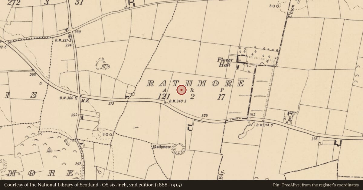 Ordnance Survey six-inch map, 2nd edition (1888–1915) covering the location of Enclosure, Rathmore (Caher Par.), County Tipperary South, with a pin at the register's coordinates