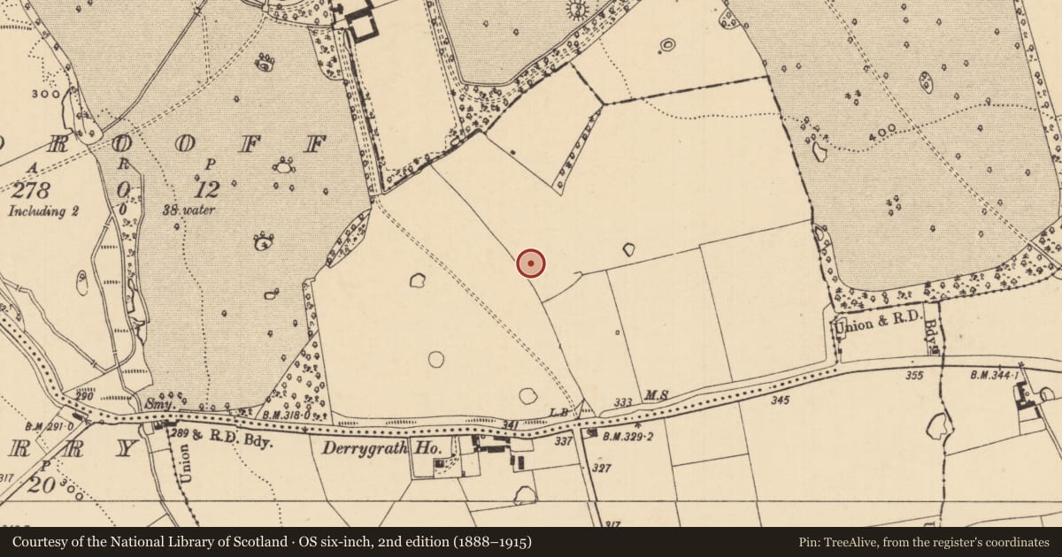Ordnance Survey six-inch map, 2nd edition (1888–1915) covering the location of Enclosure, Woodrooff (Derrygrath Par.), County Tipperary South, with a pin at the register's coordinates