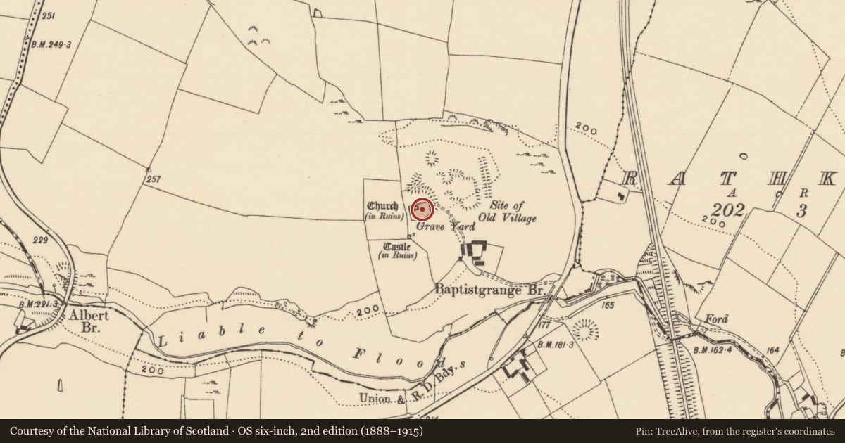 Ordnance Survey six-inch map, 2nd edition (1888–1915) covering the location of Graveyard, Baptistgrange, County Tipperary South, with a pin at the register's coordinates