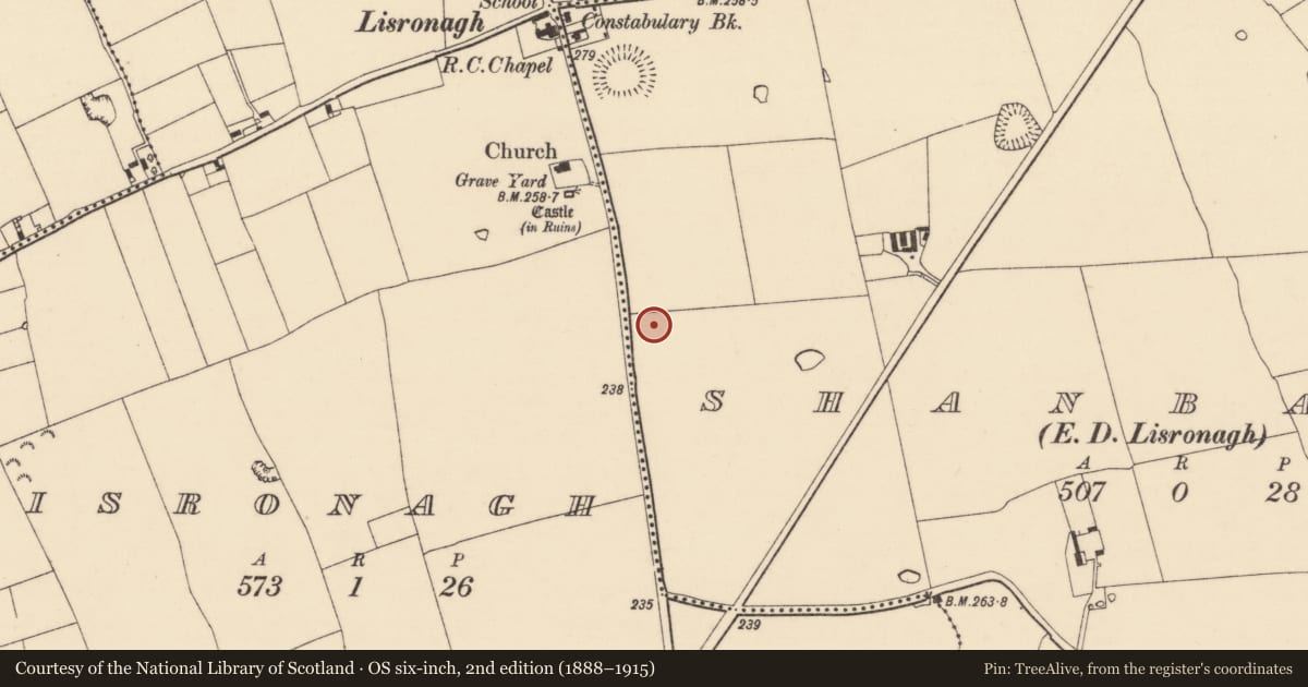 Ordnance Survey six-inch map, 2nd edition (1888–1915) covering the location of Settlement deserted - medieval, Lisronagh, Shanbally (Lisronagh Par.), County Tipperary South, with a pin at the register's coordinates