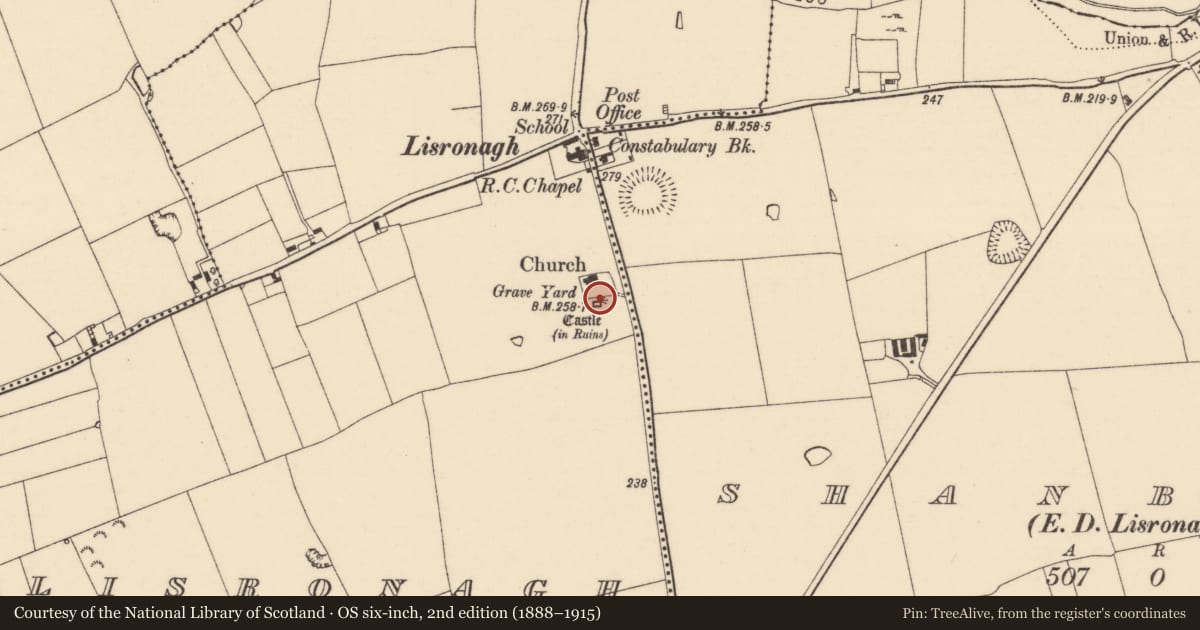 Ordnance Survey six-inch map, 2nd edition (1888–1915) covering the location of Castle - tower house, Lisronagh, County Tipperary South, with a pin at the register's coordinates