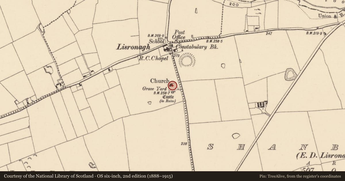 Ordnance Survey six-inch map, 2nd edition (1888–1915) covering the location of Graveyard, Lisronagh, County Tipperary South, with a pin at the register's coordinates