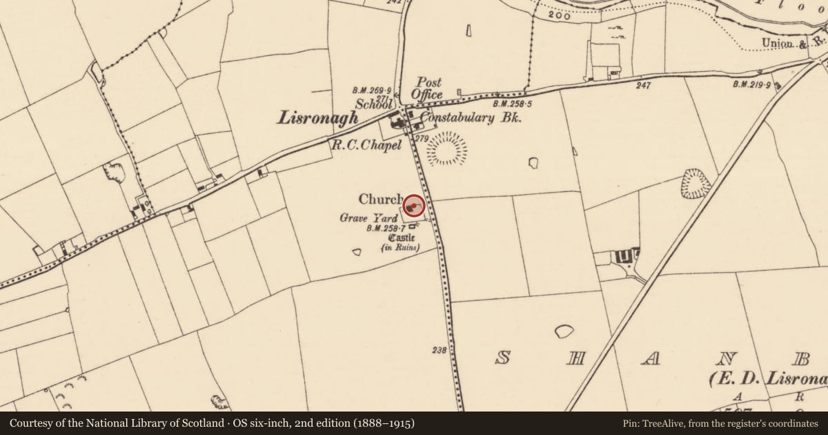 Ordnance Survey six-inch map, 2nd edition (1888–1915) covering the location of Graveslab, Lisronagh, County Tipperary South, with a pin at the register's coordinates