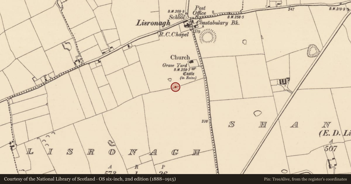 Ordnance Survey six-inch map, 2nd edition (1888–1915) covering the location of Earthwork, Lisronagh, County Tipperary South, with a pin at the register's coordinates