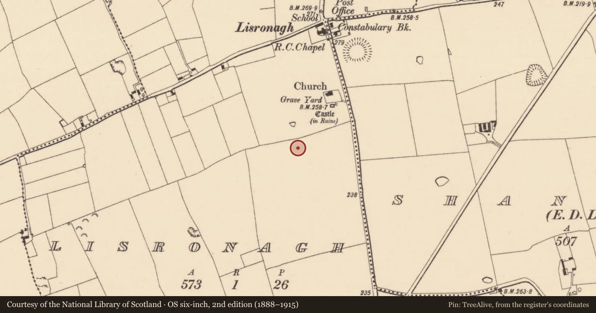Ordnance Survey six-inch map, 2nd edition (1888–1915) covering the location of Earthwork, Lisronagh, County Tipperary South, with a pin at the register's coordinates