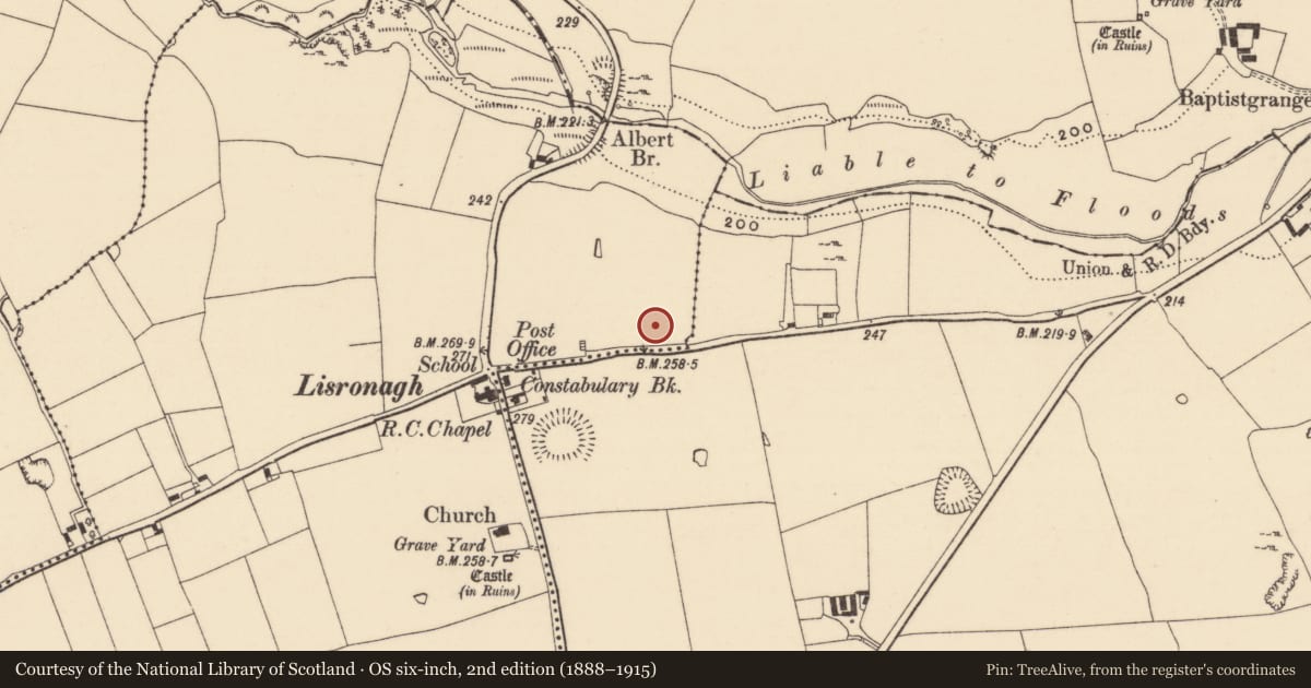 Ordnance Survey six-inch map, 2nd edition (1888–1915) covering the location of Fulacht fia, Lisronagh, County Tipperary South, with a pin at the register's coordinates