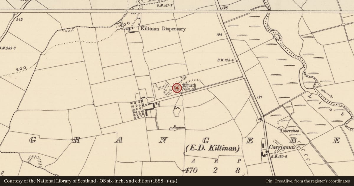 Ordnance Survey six-inch map, 2nd edition (1888–1915) covering the location of Church, Grangebeg, County Tipperary South, with a pin at the register's coordinates
