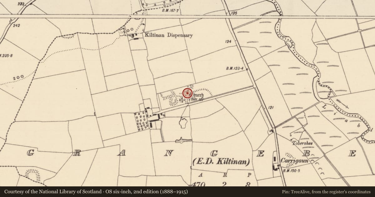 Ordnance Survey six-inch map, 2nd edition (1888–1915) covering the location of Earthwork, Grangebeg, County Tipperary South, with a pin at the register's coordinates
