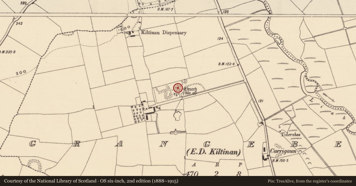 Ordnance Survey six-inch map, 2nd edition (1888–1915) covering the location of Enclosure, Grangebeg, County Tipperary South, with a pin at the register's coordinates