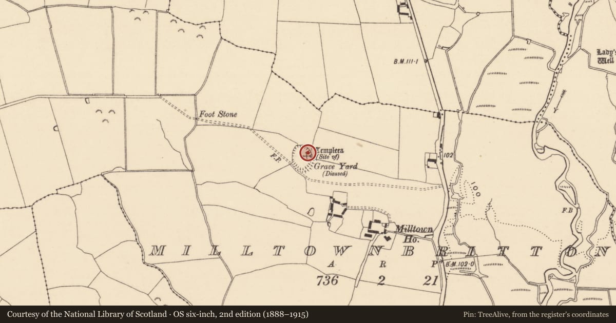 Ordnance Survey six-inch map, 2nd edition (1888–1915) covering the location of Church, Milltown Britton, County Tipperary South, with a pin at the register's coordinates