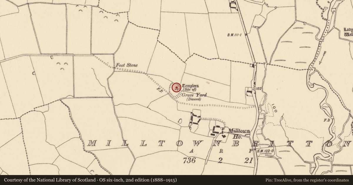 Ordnance Survey six-inch map, 2nd edition (1888–1915) covering the location of Ecclesiastical enclosure, Milltown Britton, County Tipperary South, with a pin at the register's coordinates