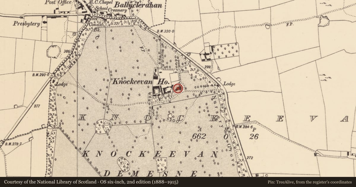 Ordnance Survey six-inch map, 2nd edition (1888–1915) covering the location of Castle - unclassified, Knockeevan, County Tipperary South, with a pin at the register's coordinates