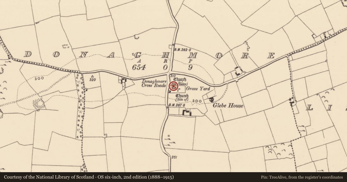 Ordnance Survey six-inch map, 2nd edition (1888–1915) covering the location of Church, Donaghmore, County Tipperary South, with a pin at the register's coordinates