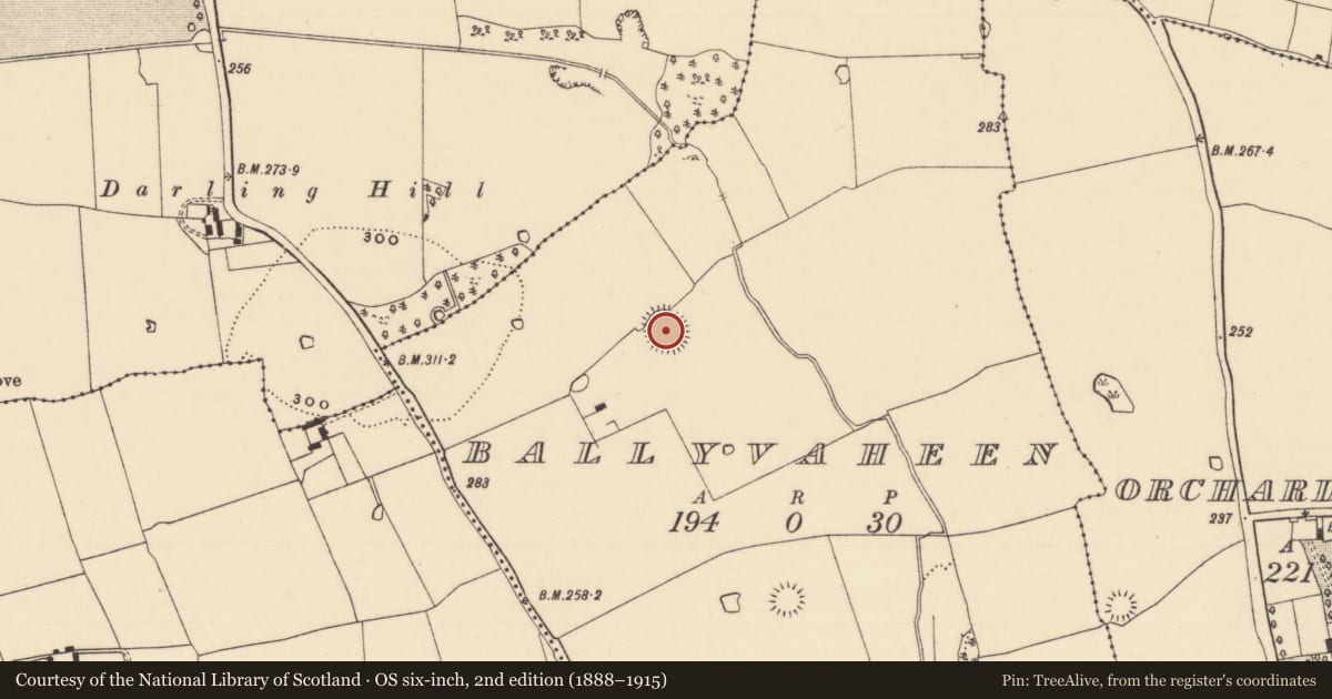 Ordnance Survey six-inch map, 2nd edition (1888–1915) covering the location of Enclosure, Ballyvaheen, County Tipperary South, with a pin at the register's coordinates