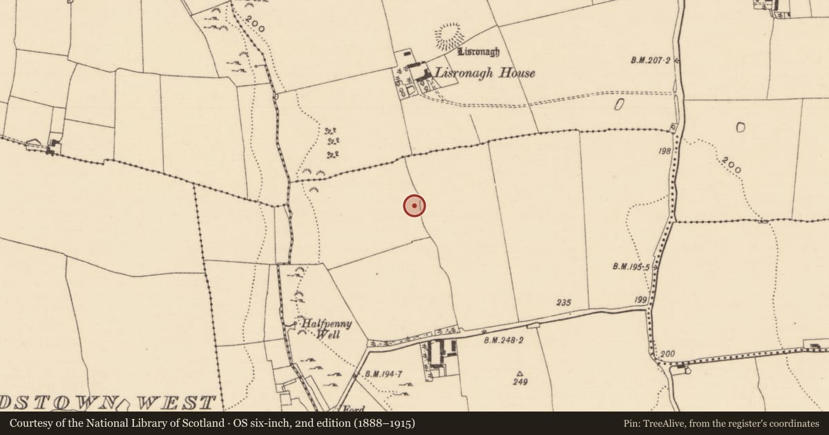 Ordnance Survey six-inch map, 2nd edition (1888–1915) covering the location of Enclosure, Caherclogh, County Tipperary South, with a pin at the register's coordinates