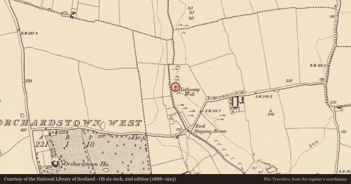 Ordnance Survey six-inch map, 2nd edition (1888–1915) covering the location of Ritual site - holy well, Caherclogh, County Tipperary South, with a pin at the register's coordinates