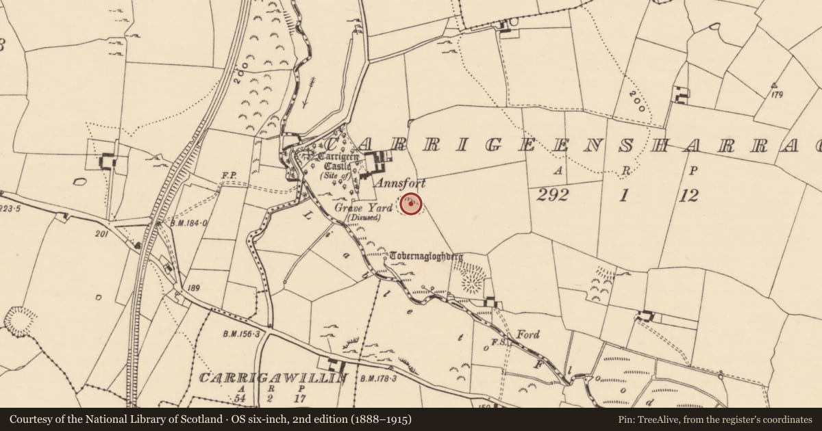 Ordnance Survey six-inch map, 2nd edition (1888–1915) covering the location of Burial ground, Carrigeensharragh, County Tipperary South, with a pin at the register's coordinates
