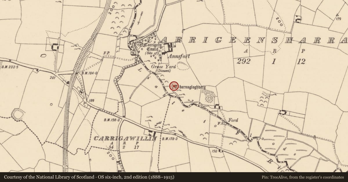 Ordnance Survey six-inch map, 2nd edition (1888–1915) covering the location of Ritual site - holy well, Carrigeensharragh, County Tipperary South, with a pin at the register's coordinates