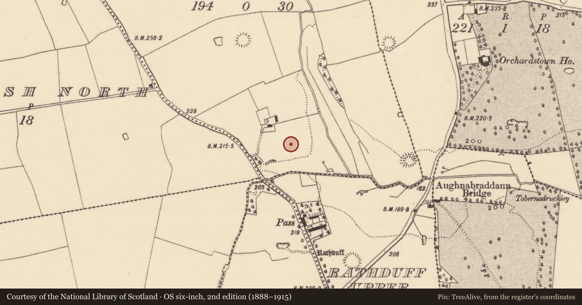 Ordnance Survey six-inch map, 2nd edition (1888–1915) covering the location of Enclosure, Ballyvaheen, County Tipperary South, with a pin at the register's coordinates