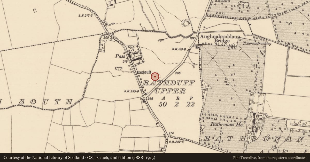 Ordnance Survey six-inch map, 2nd edition (1888–1915) covering the location of Enclosure, Rathduff Upper, County Tipperary South, with a pin at the register's coordinates