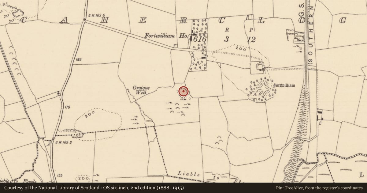 Ordnance Survey six-inch map, 2nd edition (1888–1915) covering the location of Enclosure, Caherclogh, County Tipperary South, with a pin at the register's coordinates