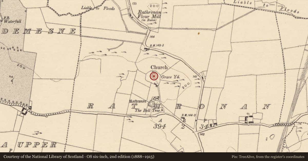 Ordnance Survey six-inch map, 2nd edition (1888–1915) covering the location of Religious house - Knights Templars, Rathronan, County Tipperary South, with a pin at the register's coordinates