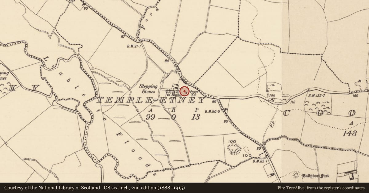Ordnance Survey six-inch map, 2nd edition (1888–1915) covering the location of Graveyard, Temple-Etney, County Tipperary South, with a pin at the register's coordinates