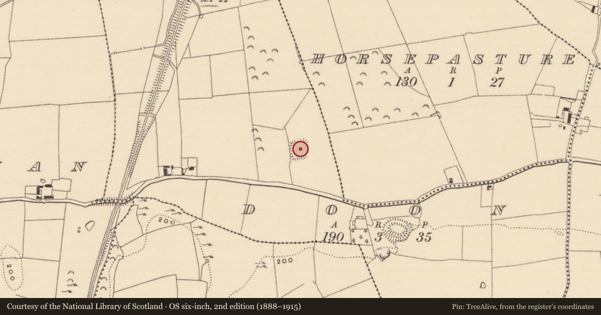 Ordnance Survey six-inch map, 2nd edition (1888–1915) covering the location of Moated site, Doon (Kilgrant Par.), County Tipperary South, with a pin at the register's coordinates