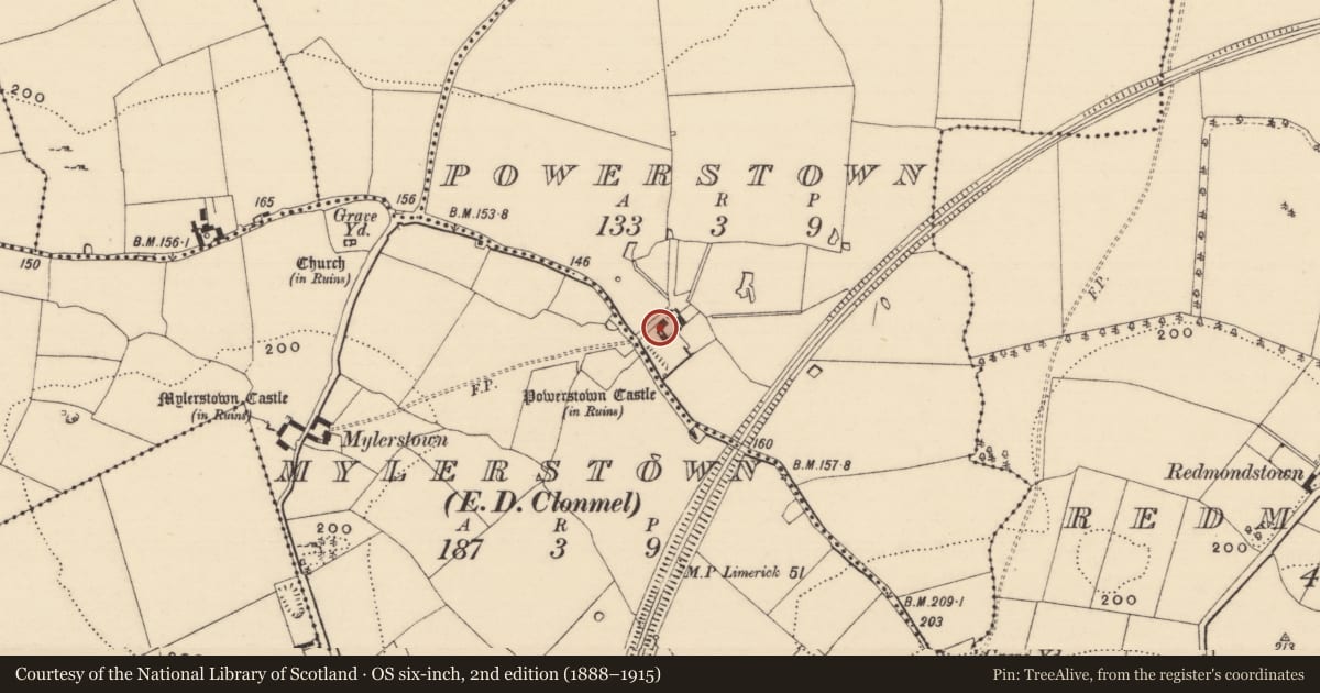 Ordnance Survey six-inch map, 2nd edition (1888–1915) covering the location of Castle - tower house, Powerstown, County Tipperary South, with a pin at the register's coordinates