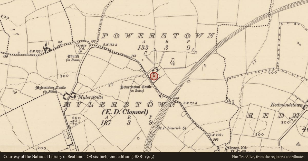 Ordnance Survey six-inch map, 2nd edition (1888–1915) covering the location of Bawn, Powerstown, County Tipperary South, with a pin at the register's coordinates