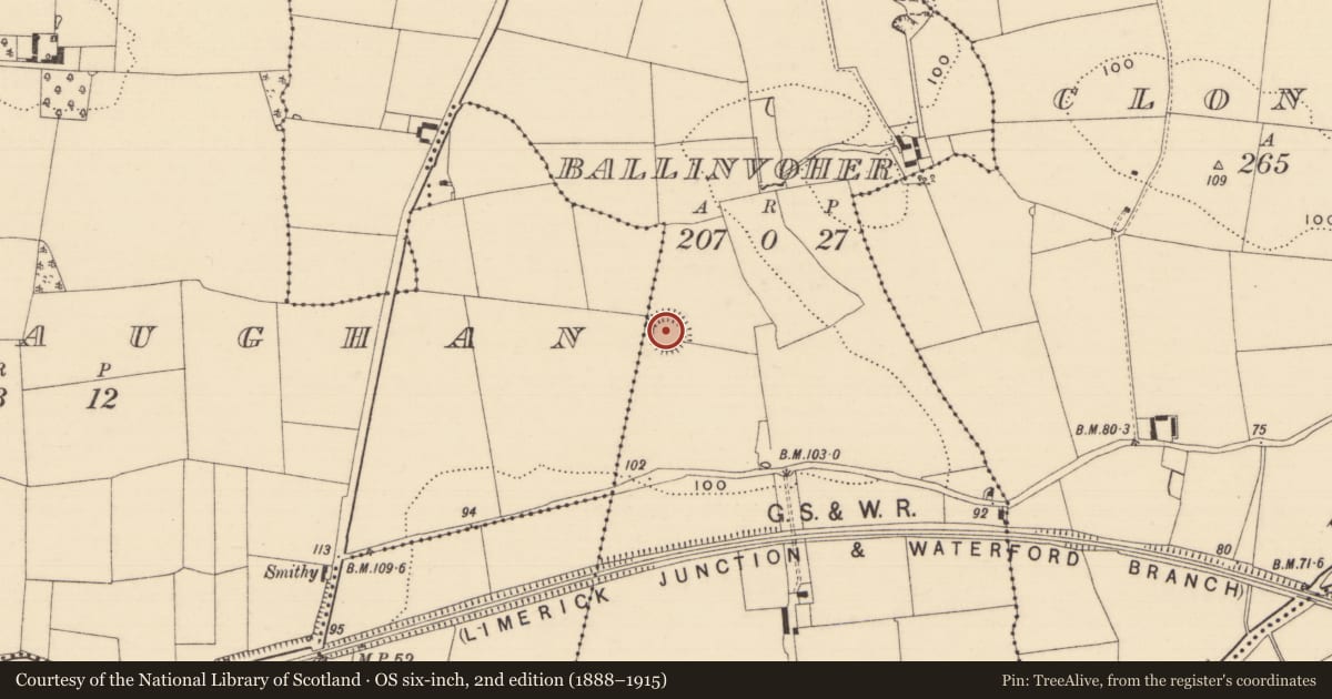 Ordnance Survey six-inch map, 2nd edition (1888–1915) covering the location of Enclosure, Ballinvoher, Ballyvaughan (Kilgrant Par.), County Tipperary South, with a pin at the register's coordinates