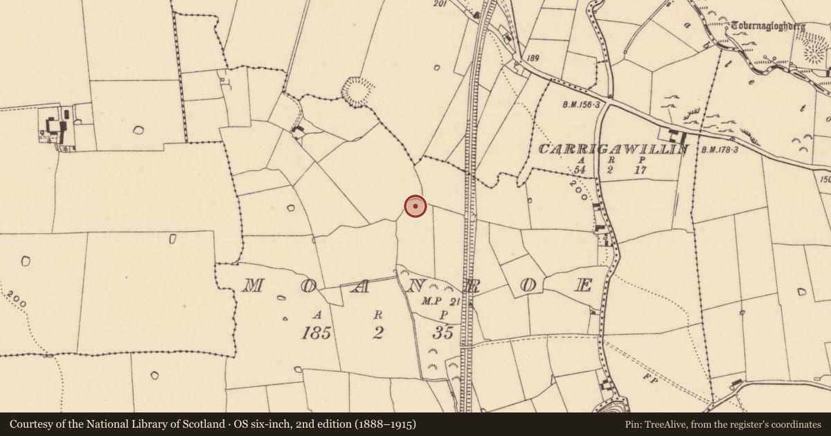 Ordnance Survey six-inch map, 2nd edition (1888–1915) covering the location of Enclosure, Moanroe, County Tipperary South, with a pin at the register's coordinates