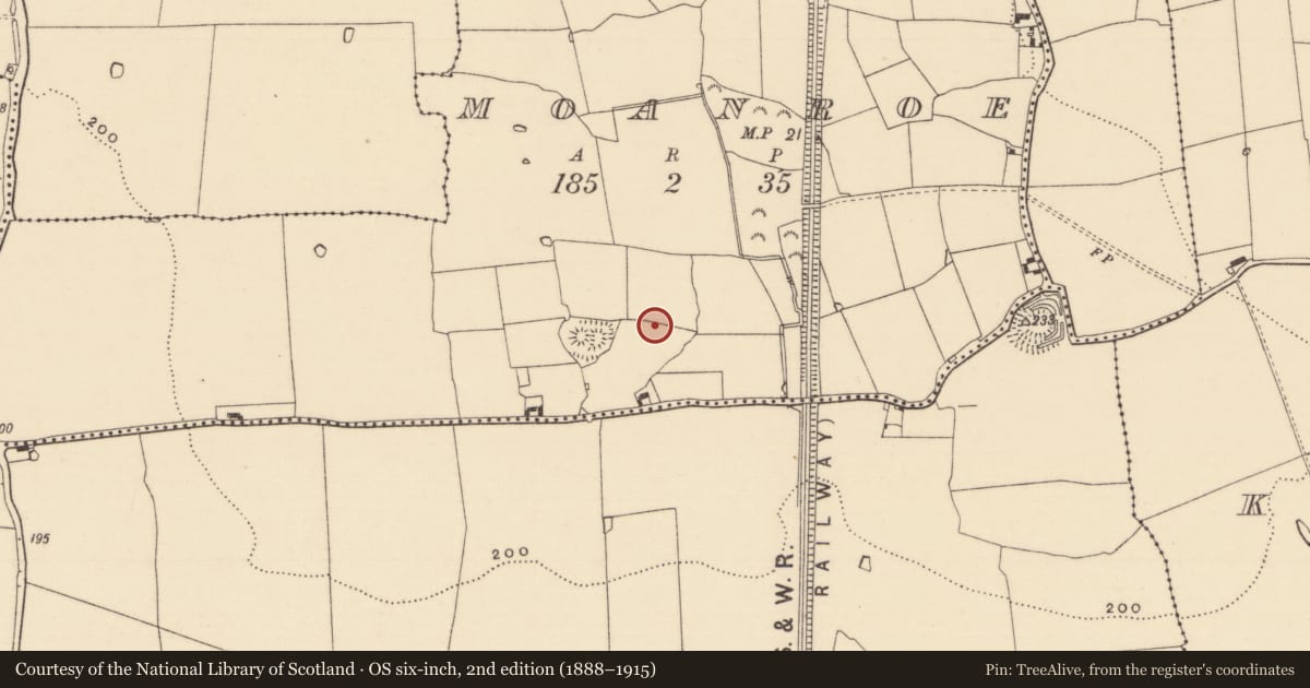 Ordnance Survey six-inch map, 2nd edition (1888–1915) covering the location of Enclosure, Moanroe, County Tipperary South, with a pin at the register's coordinates