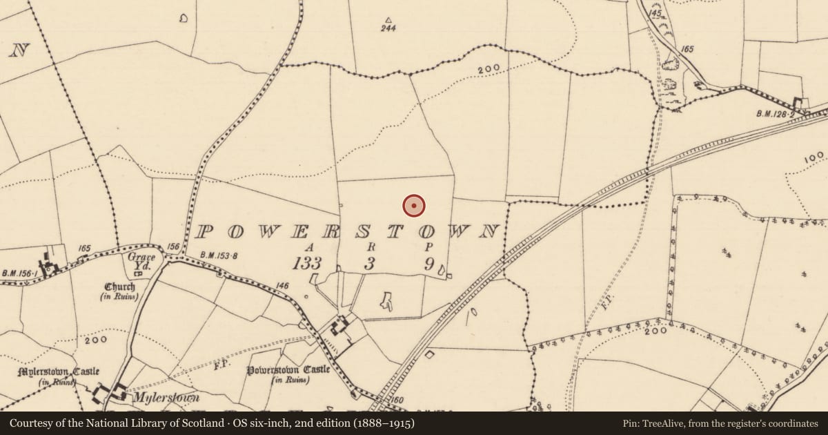 Ordnance Survey six-inch map, 2nd edition (1888–1915) covering the location of Enclosure, Powerstown, County Tipperary South, with a pin at the register's coordinates