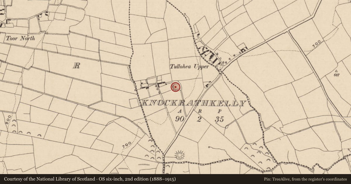 Ordnance Survey six-inch map, 2nd edition (1888–1915) covering the location of Enclosure, Knockrathkelly, County Tipperary South, with a pin at the register's coordinates