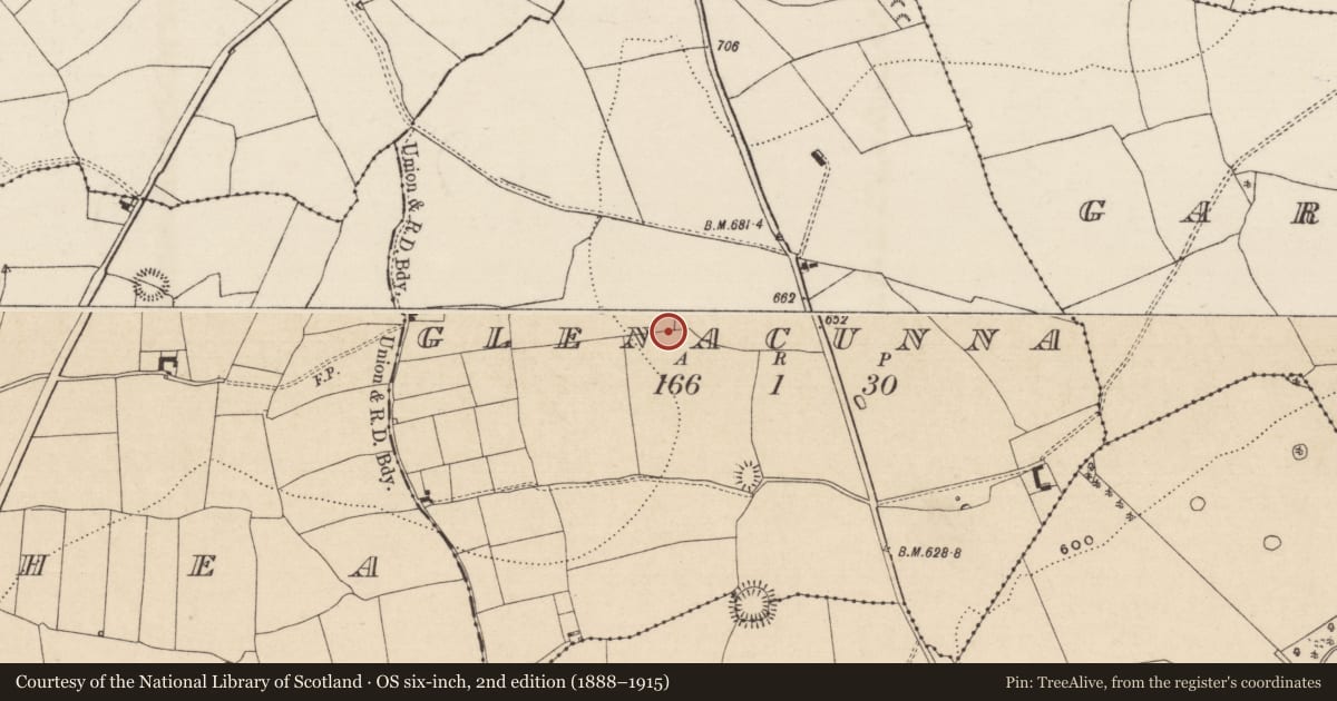 Ordnance Survey six-inch map, 2nd edition (1888–1915) covering the location of Pit-burial, Glenacunna (Garrangibbon Par.), County Tipperary South, with a pin at the register's coordinates