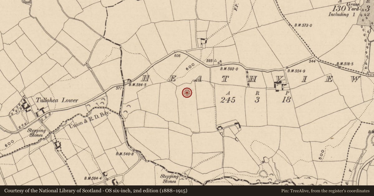 Ordnance Survey six-inch map, 2nd edition (1888–1915) covering the location of Concentric enclosure, Heathview, County Tipperary South, with a pin at the register's coordinates