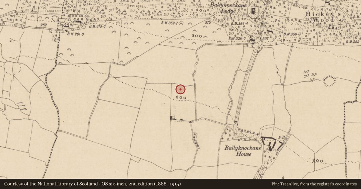 Ordnance Survey six-inch map, 2nd edition (1888–1915) covering the location of Enclosure, Ballyknockane (Temple-etney Par.), County Tipperary South, with a pin at the register's coordinates