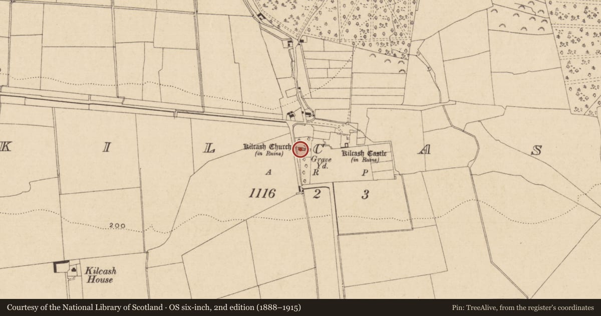 Ordnance Survey six-inch map, 2nd edition (1888–1915) covering the location of Church, Kilcash, County Tipperary South, with a pin at the register's coordinates