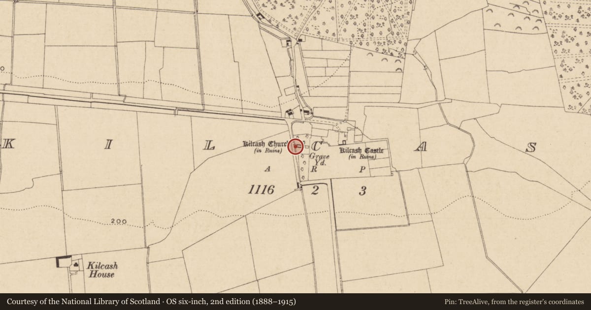 Ordnance Survey six-inch map, 2nd edition (1888–1915) covering the location of Font, Kilcash, County Tipperary South, with a pin at the register's coordinates