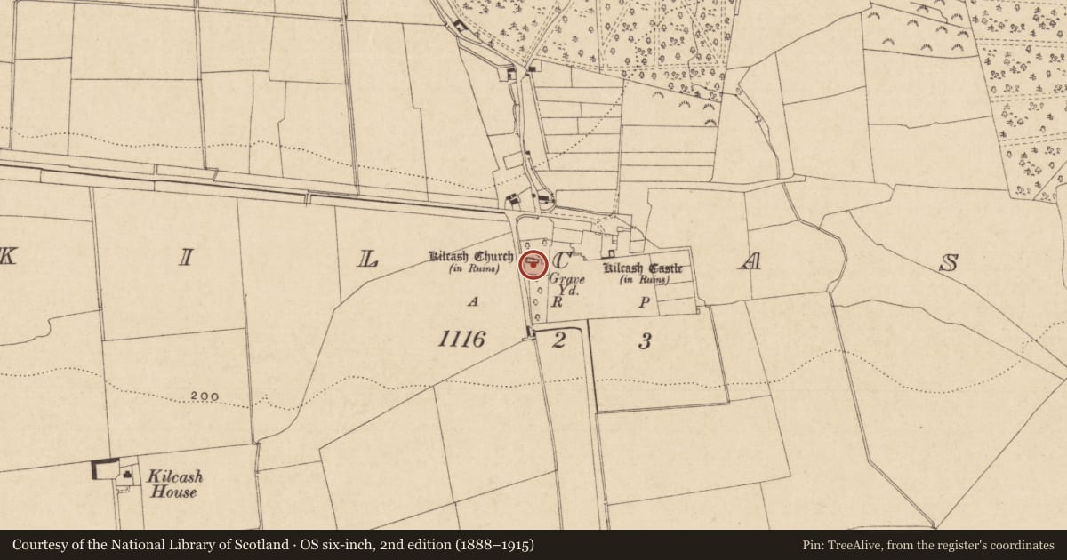 Ordnance Survey six-inch map, 2nd edition (1888–1915) covering the location of Graveyard, Kilcash, County Tipperary South, with a pin at the register's coordinates