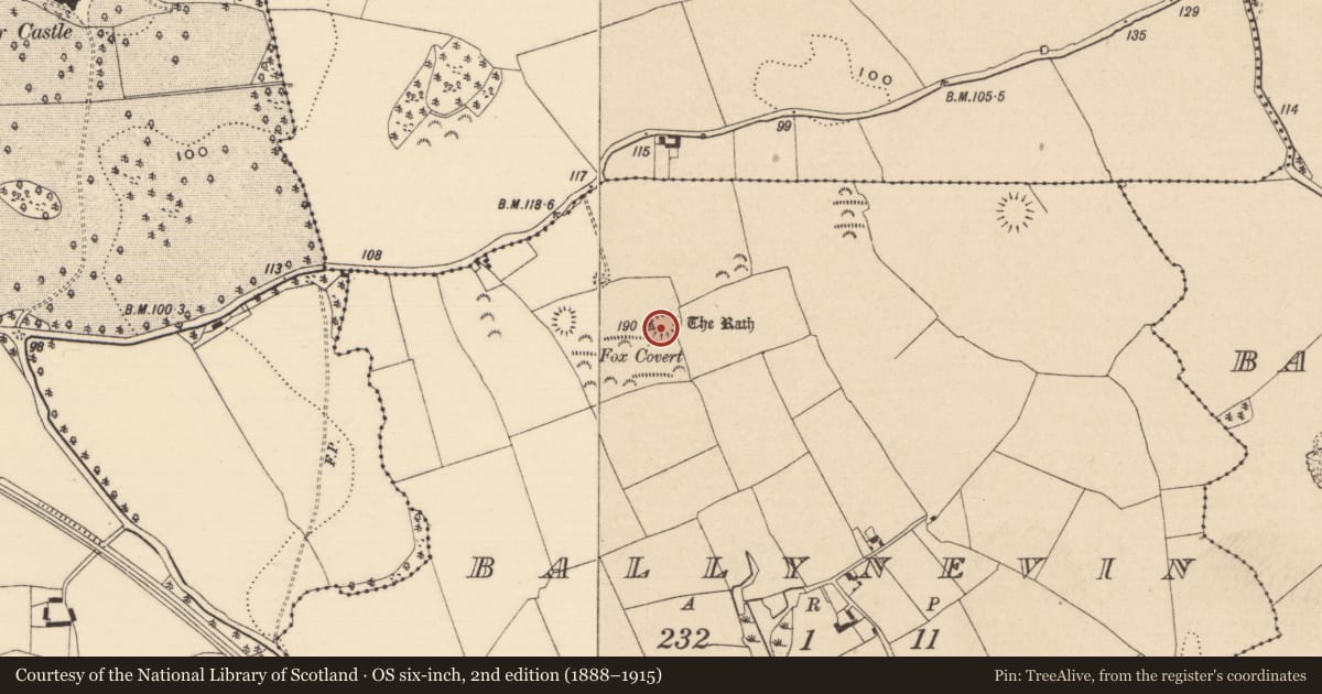 Ordnance Survey six-inch map, 2nd edition (1888–1915) covering the location of Earthwork, Ballynevin, County Tipperary South, with a pin at the register's coordinates