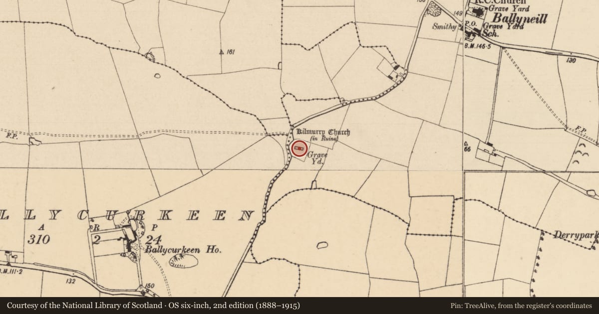 Ordnance Survey six-inch map, 2nd edition (1888–1915) covering the location of Church, Ballyneill (Kilmurry Par.), County Tipperary South, with a pin at the register's coordinates
