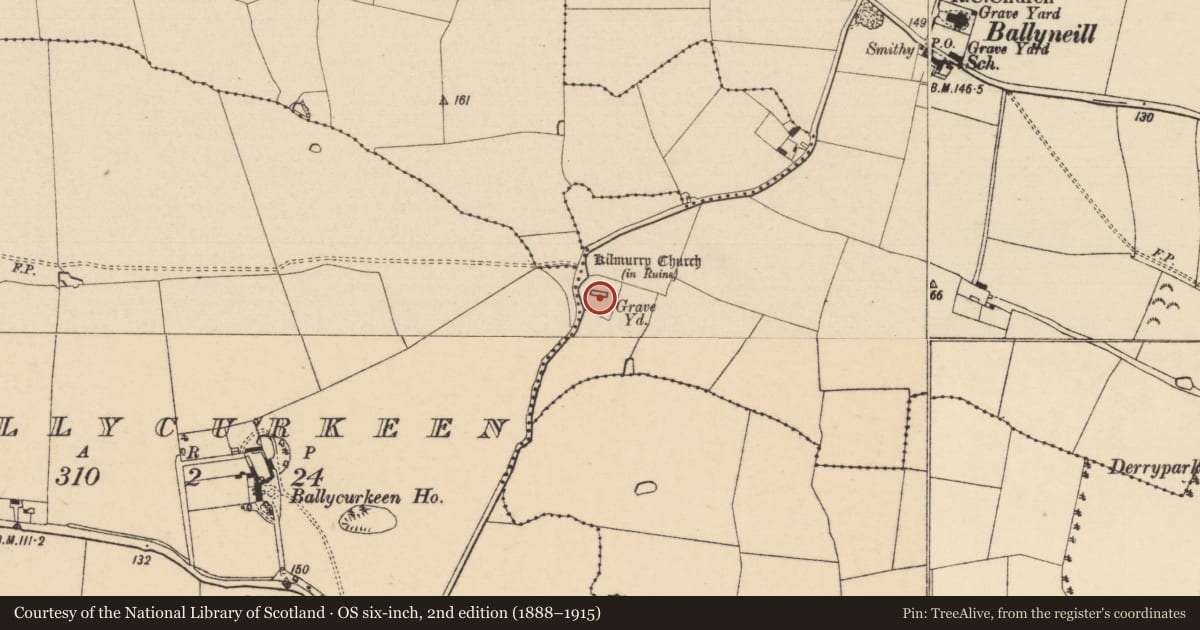 Ordnance Survey six-inch map, 2nd edition (1888–1915) covering the location of Graveyard, Ballyneill (Kilmurry Par.), County Tipperary South, with a pin at the register's coordinates