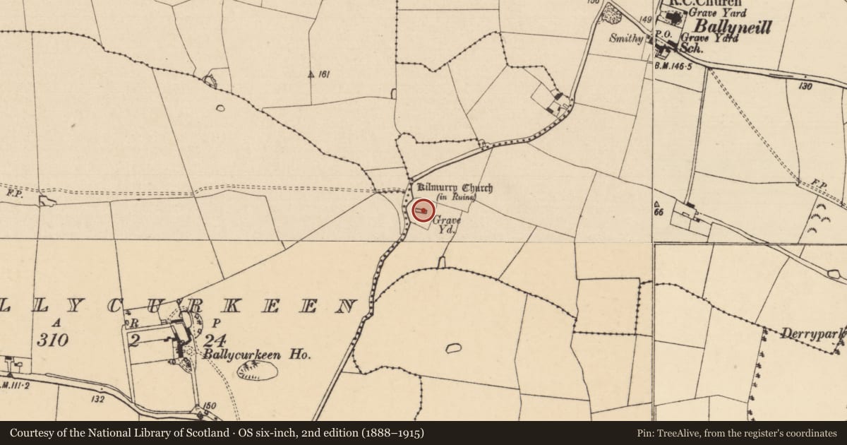 Ordnance Survey six-inch map, 2nd edition (1888–1915) covering the location of Graveslab, Ballyneill (Kilmurry Par.), County Tipperary South, with a pin at the register's coordinates