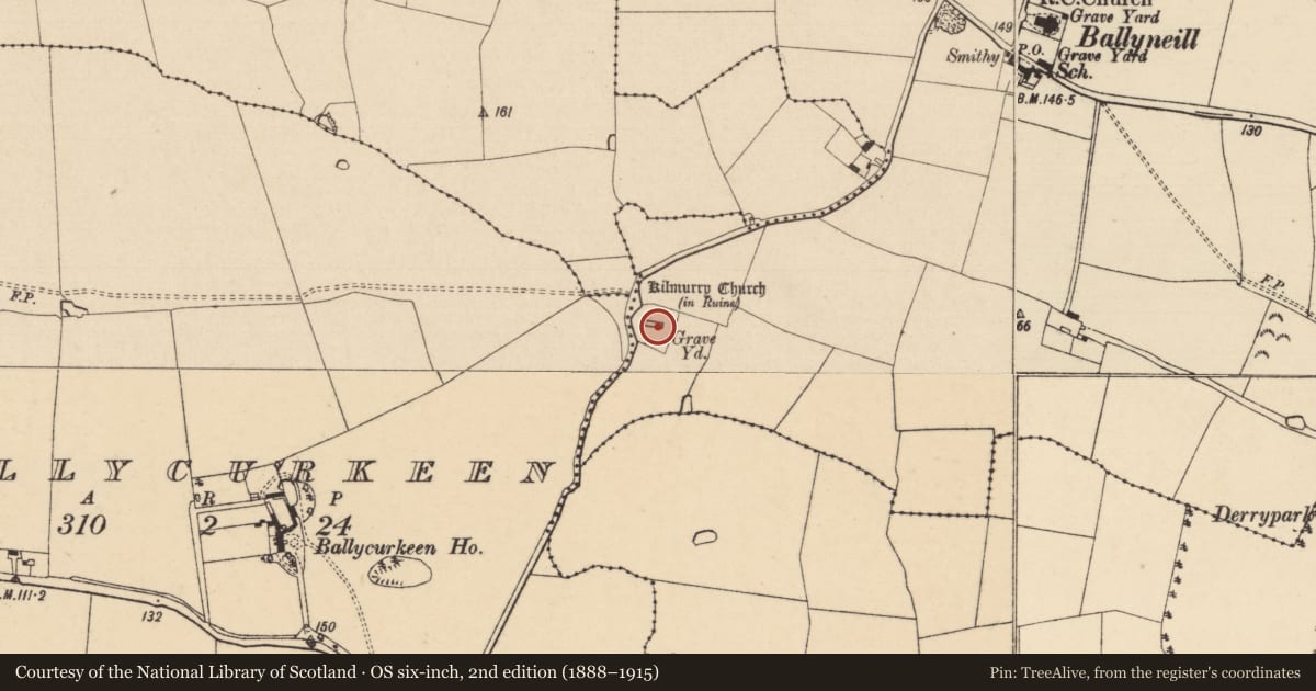 Ordnance Survey six-inch map, 2nd edition (1888–1915) covering the location of Tomb - chest tomb, Ballyneill (Kilmurry Par.), County Tipperary South, with a pin at the register's coordinates